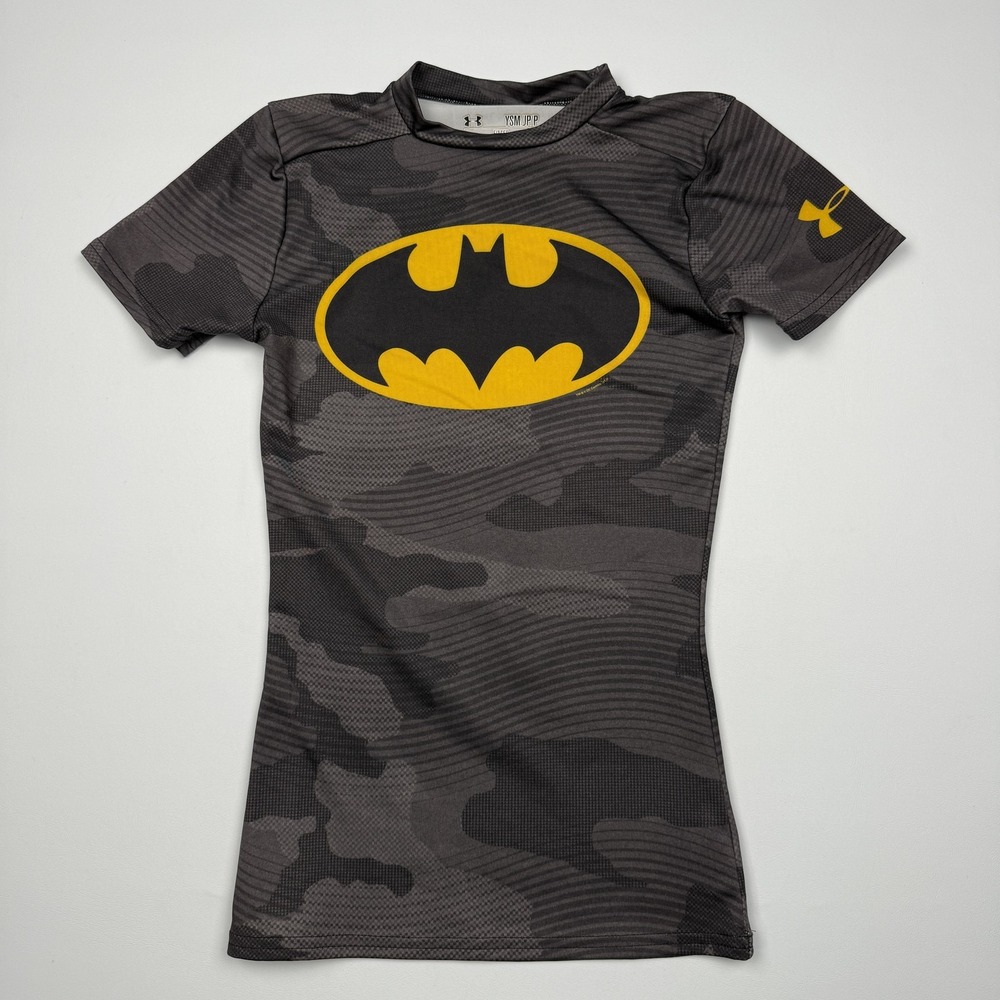 Under Armour Shirt Boys Small Gray Camo HeatGear Batman Fitted Compression Top